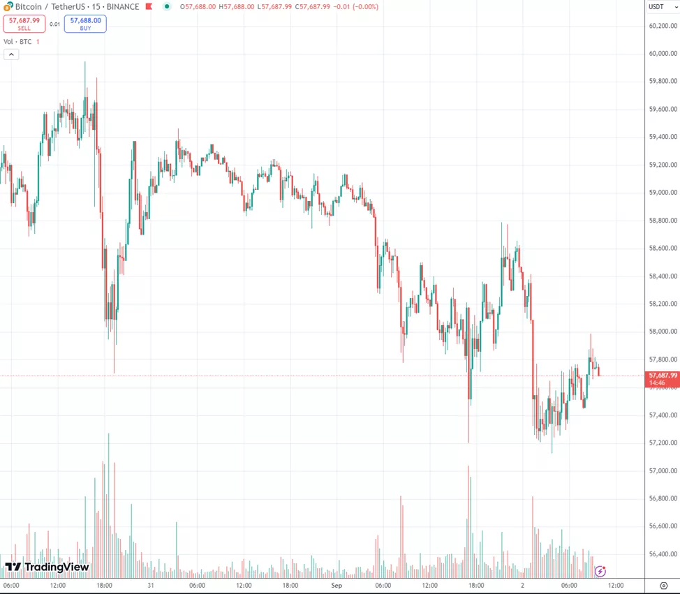 Цена биткоина закрепилась ниже $58 000