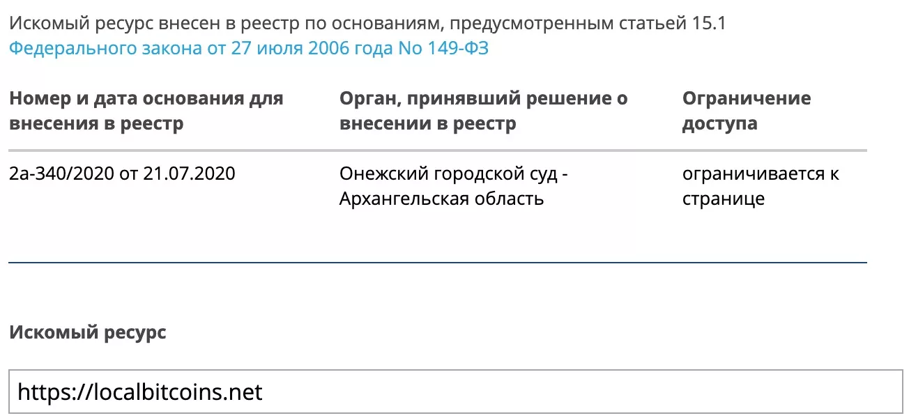 Роскомнадзор заблокировал зеркало LocalBitcoins