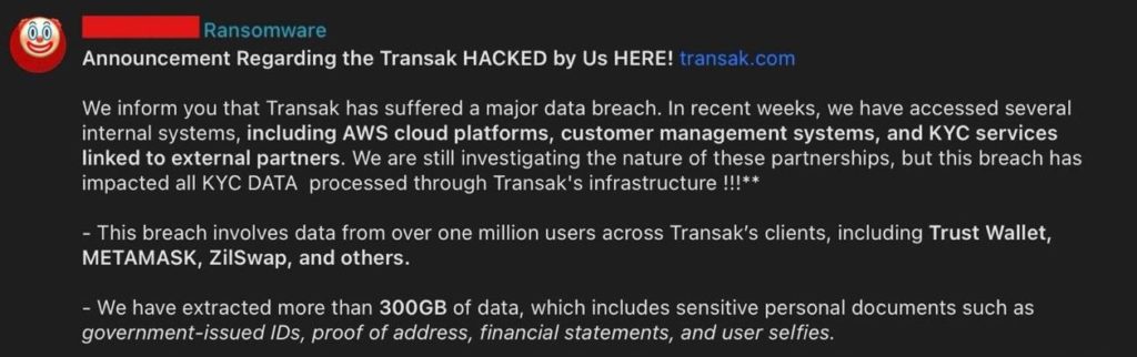 Криптофиатный шлюз Transak заявил о компрометации базы клиентов