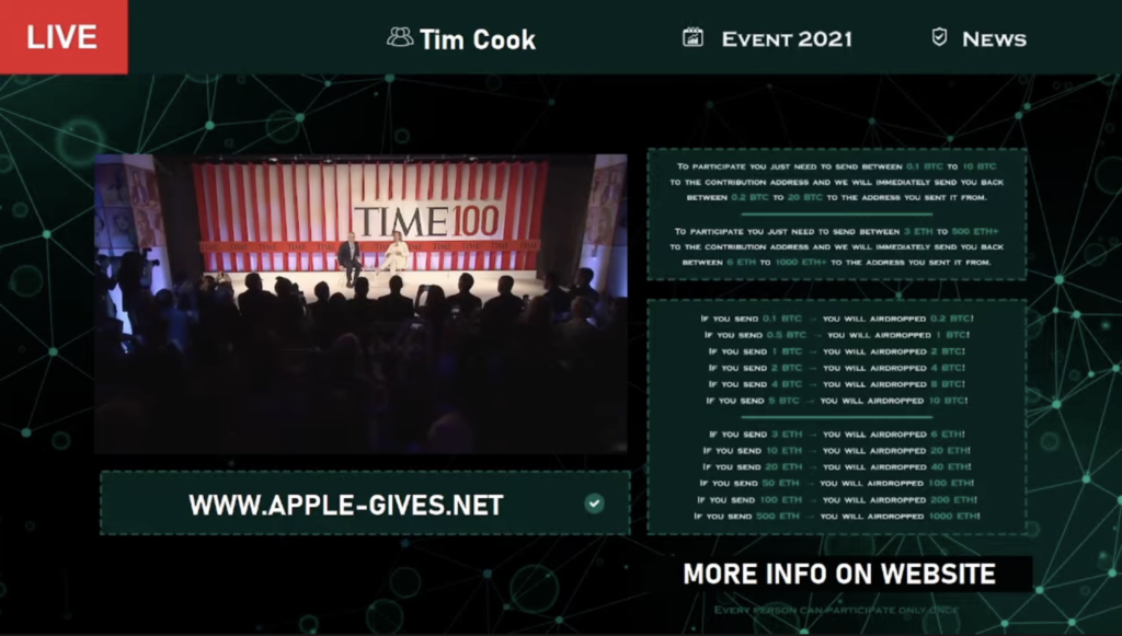 Фейковый эирдроп биткоина под видом презентации Apple собрал 30 000 зрителей
