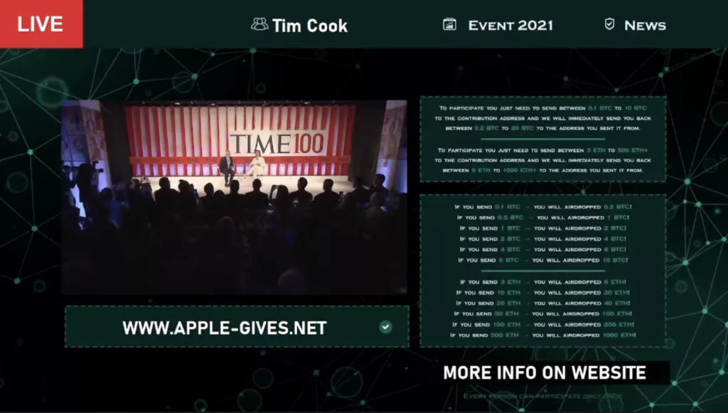Фейковый эирдроп биткоина под видом презентации Apple собрал 30 000 зрителей