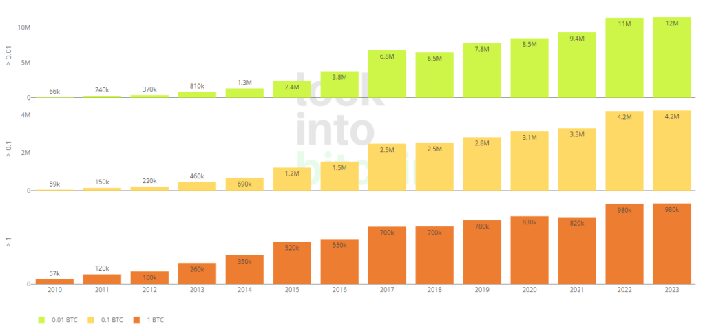 Динамика различных категорий биткоин-адресов по годам. Данные: LookIntoBitcoin.