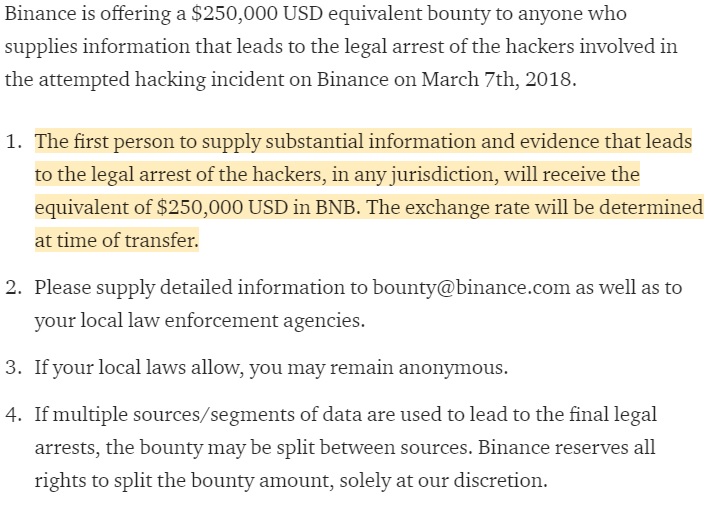 Биржа Binance выделила $10 млн в качестве наград за поимку хакеров