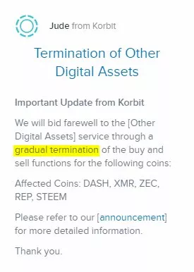 Биржа Korbit произведет делистинг Monero, Zcash, DASH, Augur и Steem