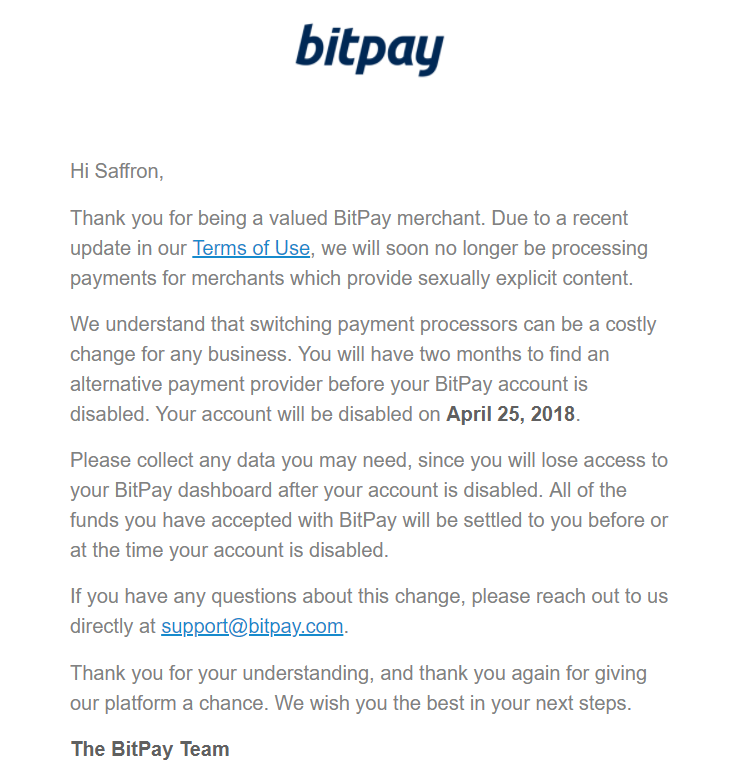 BitPay начал рассылать порноартистам предупреждения о прекращении обслуживания