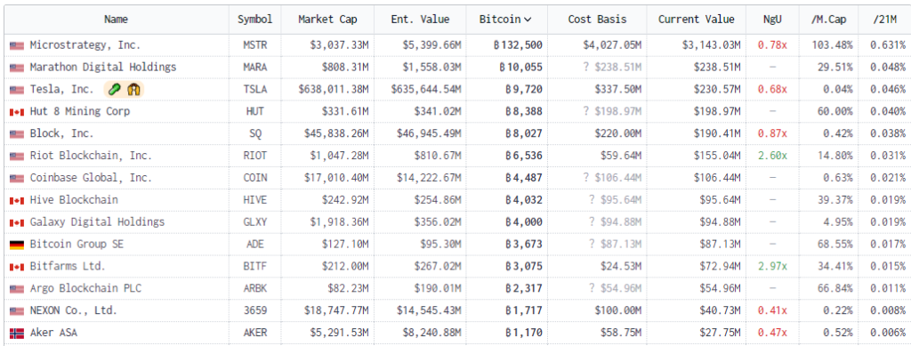 Крупнейшие публичные компании, удерживающие в резервах биткоин. Данные: Bitcoin Treasuries.