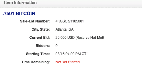 Власти США выставили на аукцион 0,7501 BTC