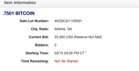 Власти США выставили на аукцион 0,7501 BTC