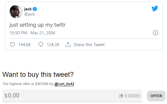 Джек Дорси выставил на продажу свой первый твит. Джастин Сан предложил за него $2 млн