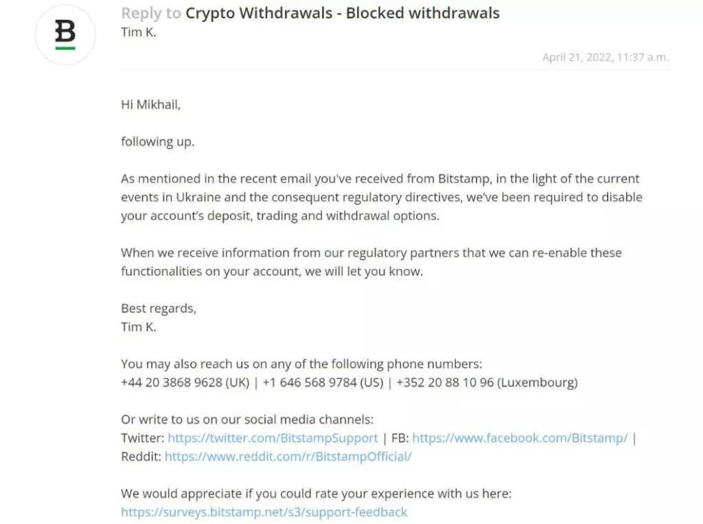 В сети появились сообщения о блокировке Bitstamp аккаунтов пользователей из РФ