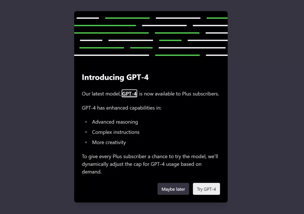 Объявление о доступности GPT-4 при запуске ChatGPT Plus