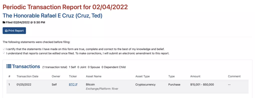 Сенатор США Тед Круз раскрыл инвестиции в биткоин