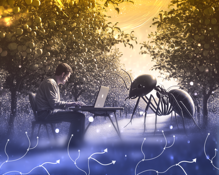 айтишник Иннокентий ведет ученую беседу с роботом-муравьем AI