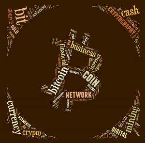 Bitcoin Logo Word Cloud With Brown Wordings