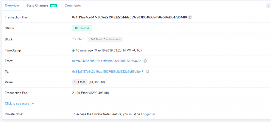 В сети Ethereum вновь прошла транзакция с аномально высокой комиссией