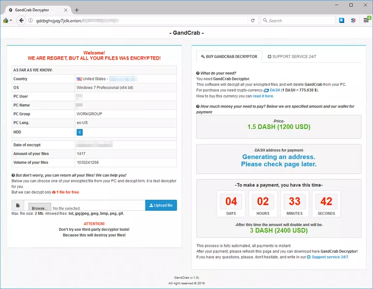 Обнаружен шифровальщик GandCrab, требующий выкуп в криптовалюте DASH