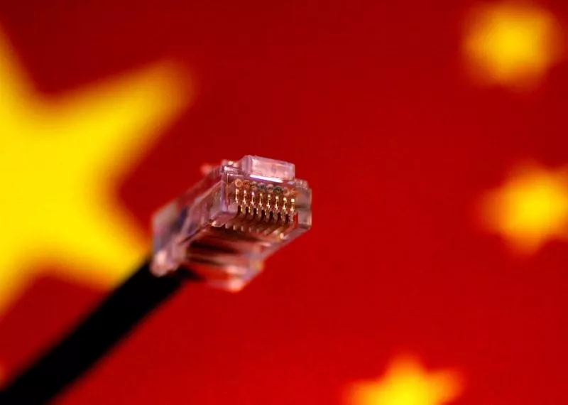 FILE PHOTO: Illustration photo of a computer network cable above a Chinese flag