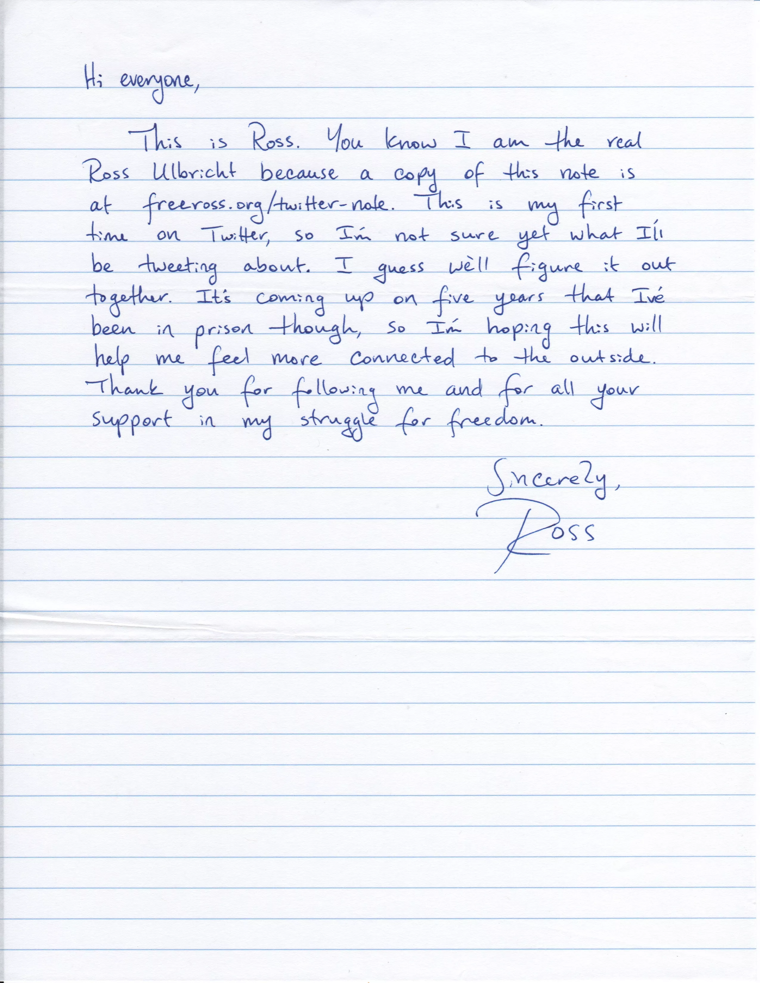 Отбывающий пожизенное заключение Росс Ульбрихт опубликовал первое послание в Twitter