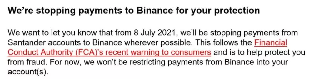 Банк Santander заблокирует клиентам из Великобритании платежи на Binance