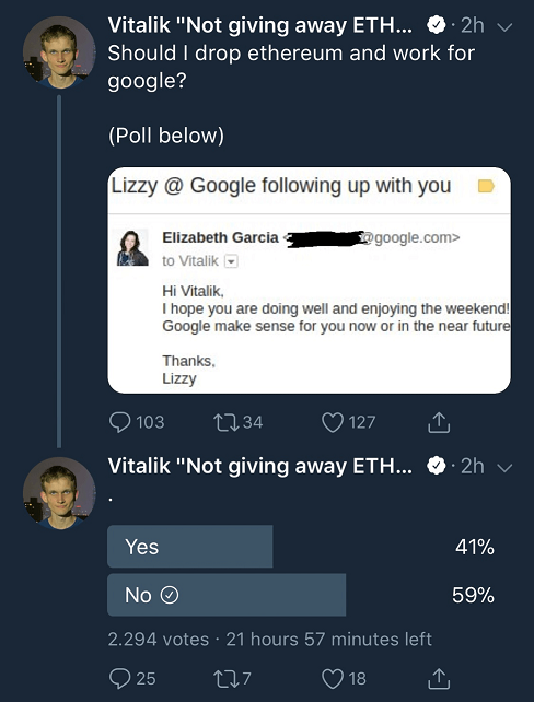 Виталик Бутерин удалил твит с опросом о своем переходе в Google